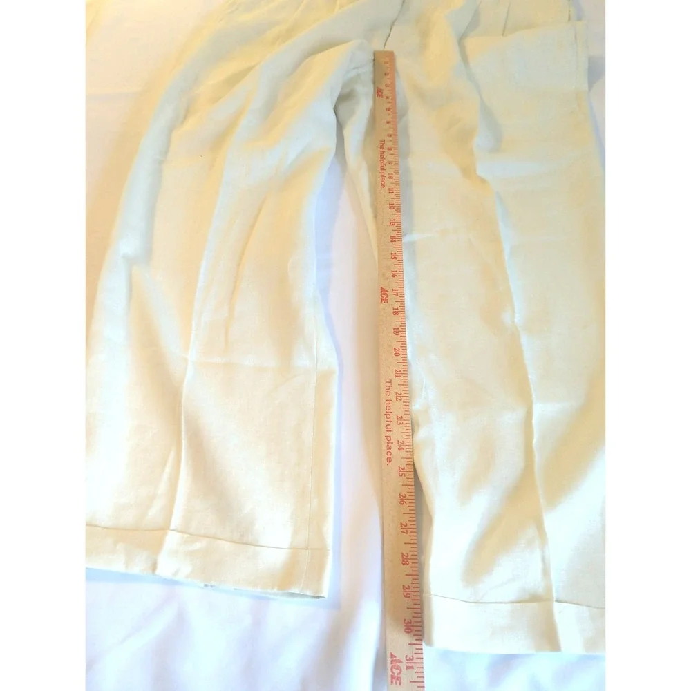 100% Linen Men Trouser Pant 40x30 Pleated Cuffed Ivory Classic Minimalist Money